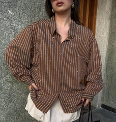 Brown Viscose shirt with pearl embellishments - oneinmelon