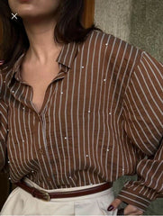 Brown Viscose shirt with pearl embellishments - oneinmelon