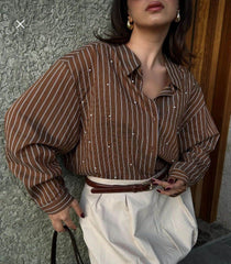 Brown Viscose shirt with pearl embellishments - oneinmelon