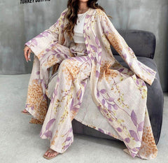 Floral Beige and Lavender Linen Co-Ord Set - oneinmelon