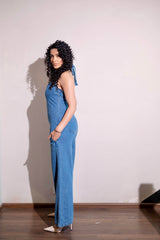 Zipper denim halter back jumpsuit - blue - oneinmelon