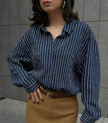 Navy Viscose shirt with pearl embellishments - oneinmelon