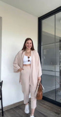 Beige Co-Ords Set with Cropped White Inner - oneinmelon