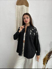 Black Pearls Flannel Shirt with Embellishments - oneinmelon