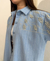 Blue Pearls Flannel Shirt with Embellishments - oneinmelon