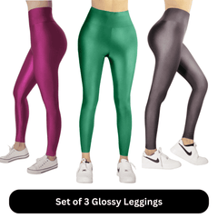 Vibrant Glossy Legging Trio (Colors - Emerald Green, Berry Pink & Dark Grey) - oneinmelon
