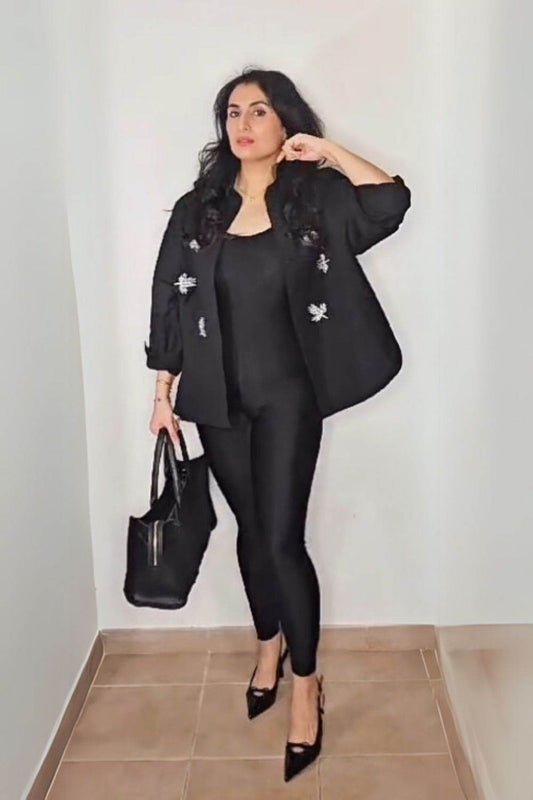 Blackout Duo (Glossy Jumpsuit + Viscose fabric diamond studded rhinestone shirt) - oneinmelon
