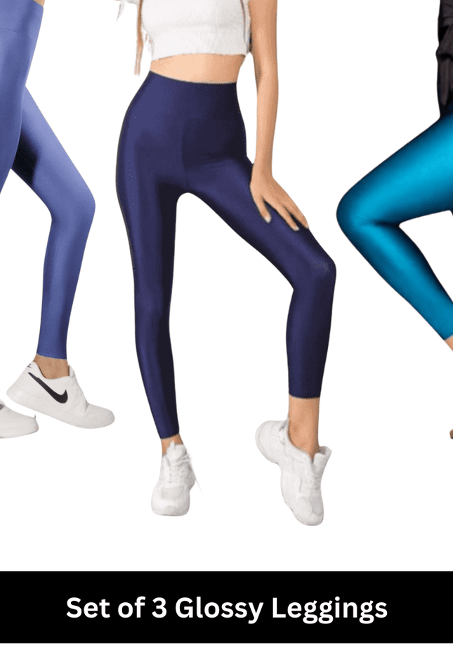 Aqua Elegance Glossy leggings Set(Colors - Navy Blue, Teal blue & Denim Blue)