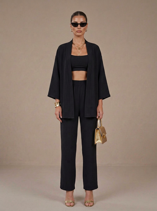 2 Pcs Black  Kimono Co-Ords Set
