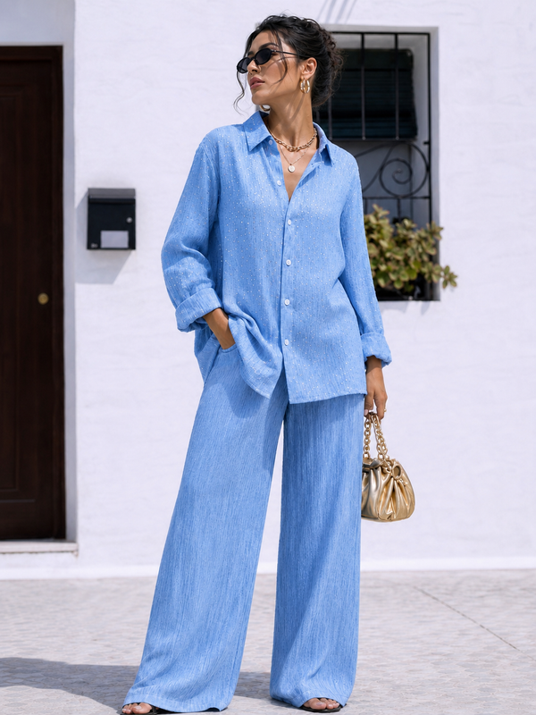 Light Blue Viscose wrinkled Rhinestone Coord Set