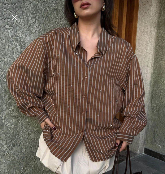Brown Viscose shirt with pearl embellishments - oneinmelon