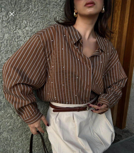 Brown Viscose shirt with pearl embellishments - oneinmelon
