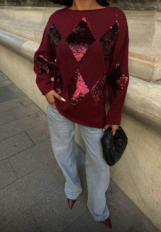 Burgundy sequin sweaters one size - oneinmelon