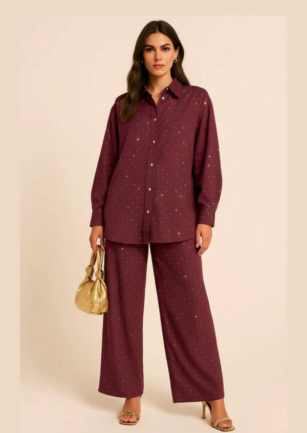 Burgundy Linen Blend Rhinestone Co-ord Set