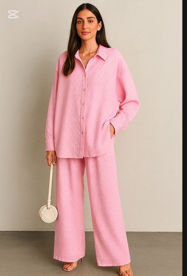 Rose Pink Linen Blend Rhinestone Co-ord Set