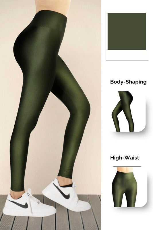 Dark Olive Glossy Leggings - oneinmelon