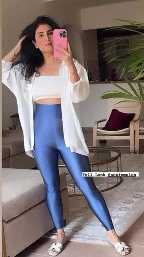 Denim Blue Glossy Leggings - oneinmelon