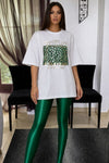 White Wild Gloss Set (Emerald Green Glossy leggings + Cotton Printed T-shirt)