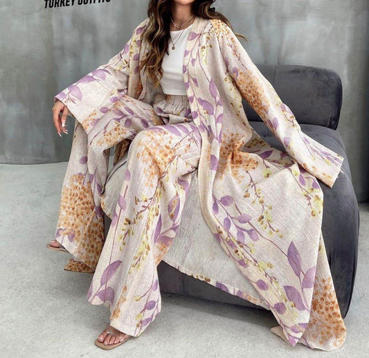 Floral Beige and Lavender Linen Co-Ord Set - oneinmelon