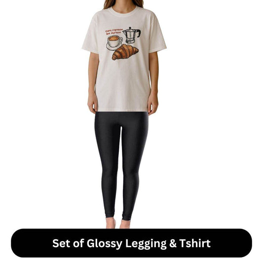Black-&-Brew Style Pack (Glossy Black Leggings + “More Espresso, Less Depresso” Cotton T-shirt) - oneinmelon