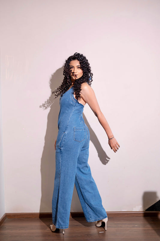 Zipper denim halter back jumpsuit - blue - oneinmelon