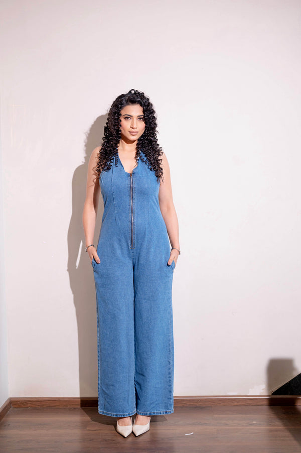 Zipper denim halter back jumpsuit - blue - oneinmelon