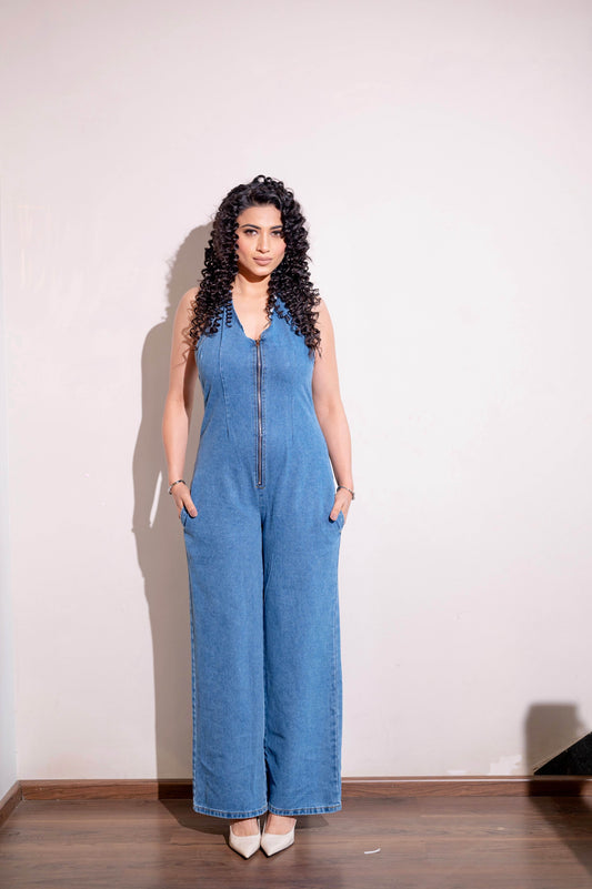 Zipper denim halter back jumpsuit - blue - oneinmelon