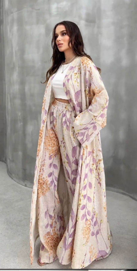 Floral Beige and Lavender Linen Co-Ord Set - oneinmelon