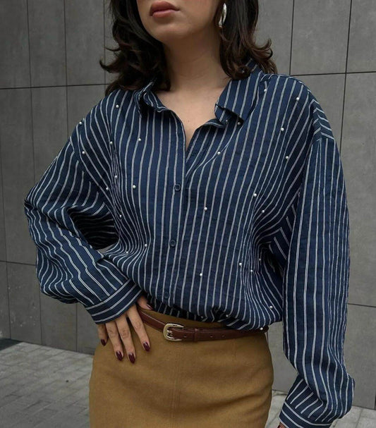 Navy Viscose shirt with pearl embellishments - oneinmelon
