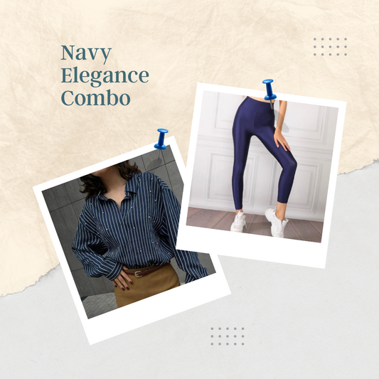 Navy Elegance Combo – Pearl Embellished Viscose Shirt & Glossy Leggings Set