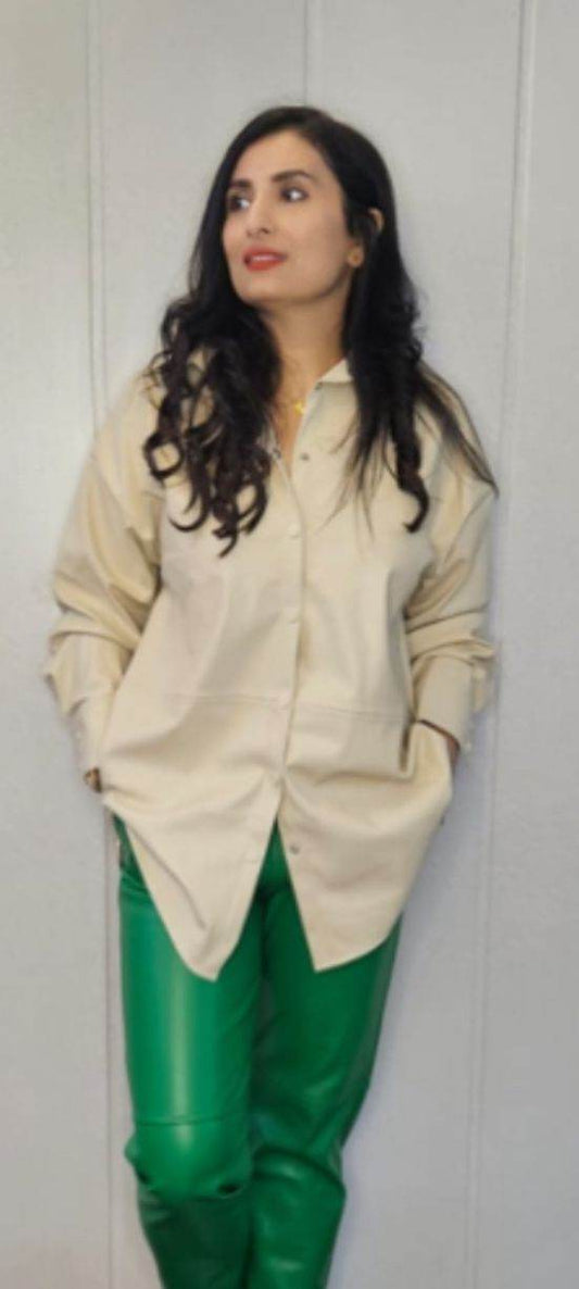 Off white Oversized fleece Faux Leather Shirt - oneinmelon