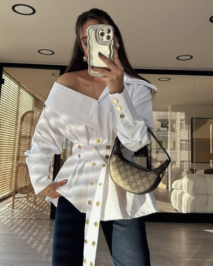 White One sided drop shoulder shirt with Gold embellished buttons