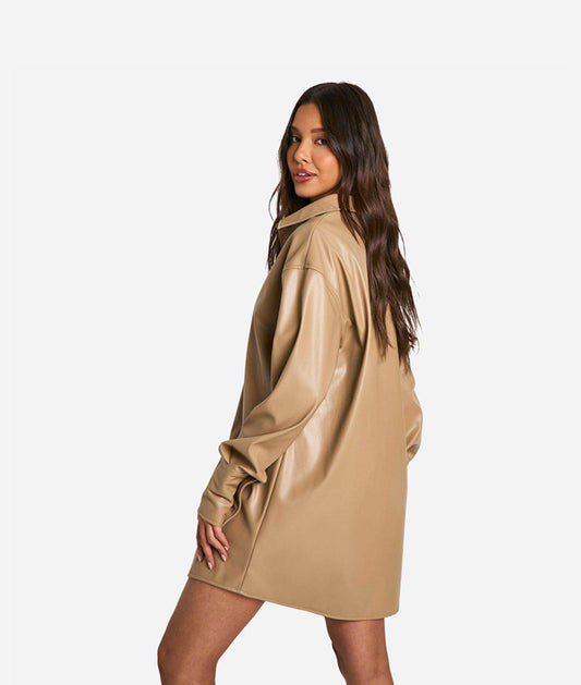 Beige Oversized fleece Faux Leather Shirt - oneinmelon