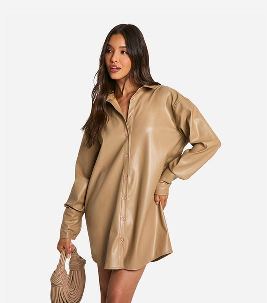 Beige Oversized fleece Faux Leather Shirt - oneinmelon