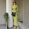Textured Tied Round Neck Long Sleeve Dress- Pistachio Green Color