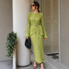 Textured Tied Round Neck Long Sleeve Dress- Pistachio Green Color