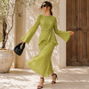 Textured Tied Round Neck Long Sleeve Dress- Pistachio Green Color