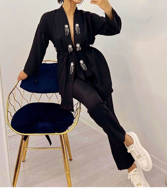 Black EMB Viscose Co-Ord Set With Front Open Shrug And Pants - oneinmelon