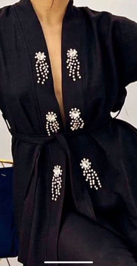 Black EMB Viscose Co-Ord Set With Front Open Shrug And Pants - oneinmelon