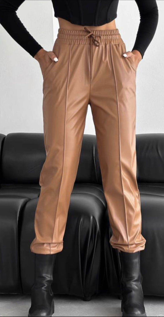Brown Faux Leather Jogger - oneinmelon