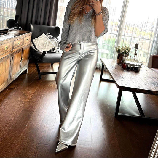 Silver Faux Leather Fleeced Metallic Wide Leg Pants - oneinmelon