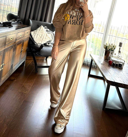 Gold Faux Leather Fleeced Metallic Wide Leg Pants - oneinmelon
