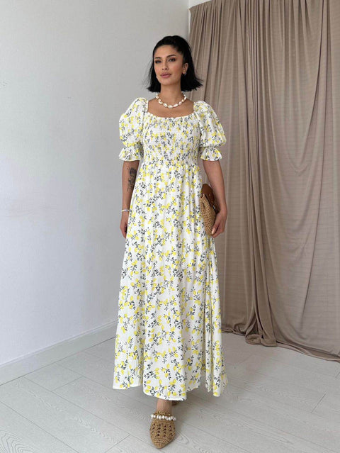 off the shoulder lemon print dress Off Shoulder lemon Print Maxi