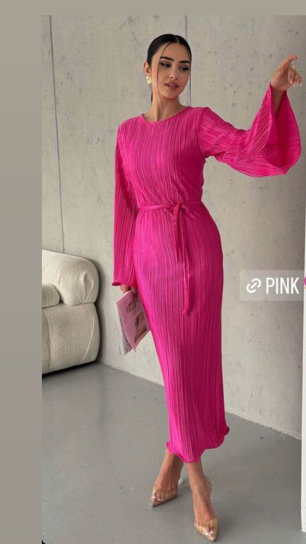Textured Tied Round Neck Long Sleeve Dress-Pink Color - oneinmelon
