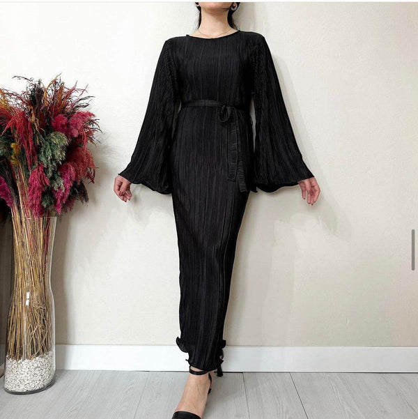 Textured Tied Round Neck Long Sleeve Dress-Black Color - oneinmelon