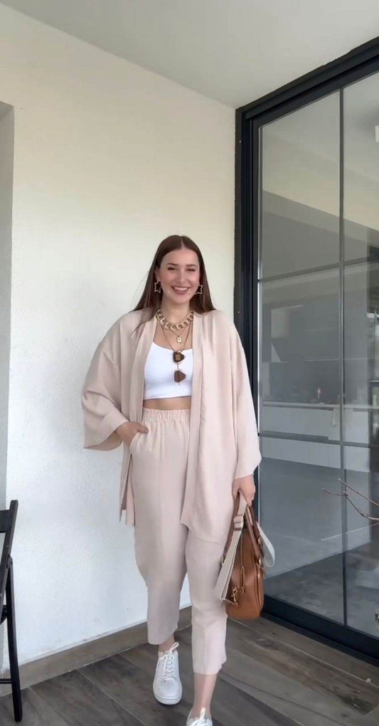 Beige Co-Ords Set with Cropped White Inner - oneinmelon
