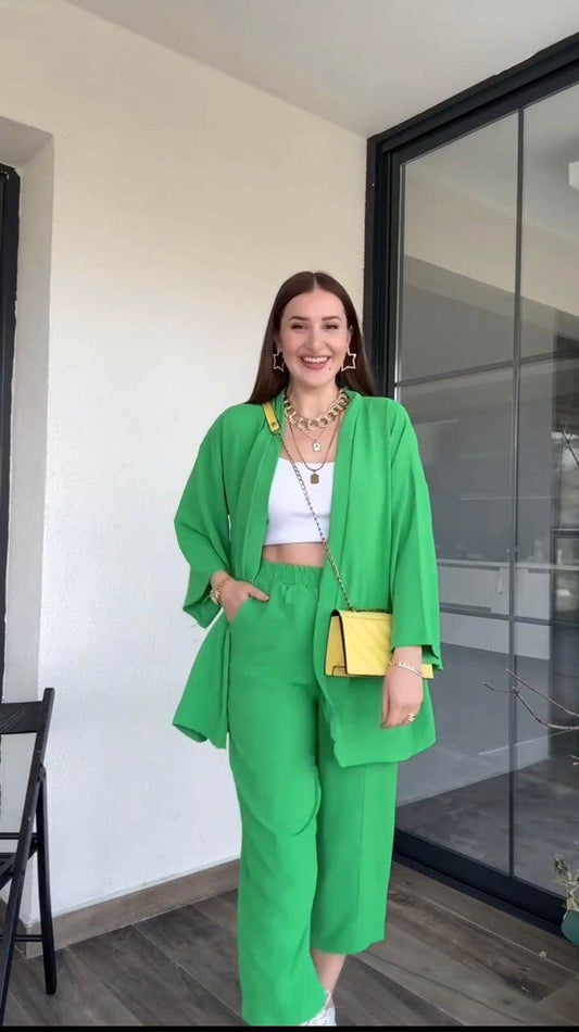 Green Co-Ords Set with Cropped White Inner - oneinmelon