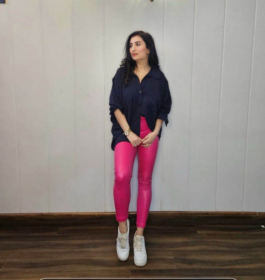 Hot Pink Fleece Faux Leather Leggings - oneinmelon