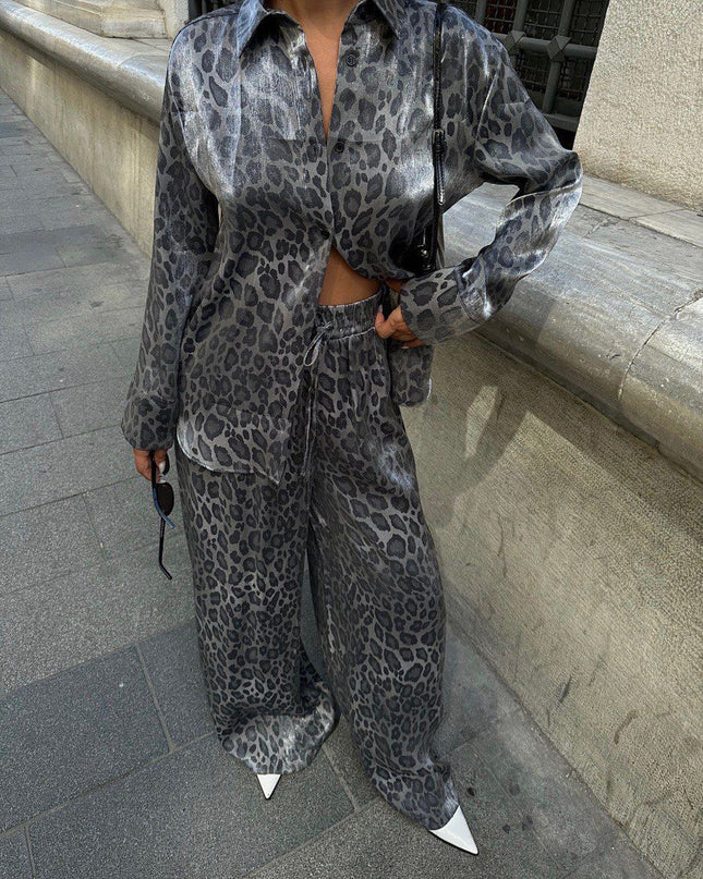 Leopard Print Coord Set Shirt with Palazzo Pants