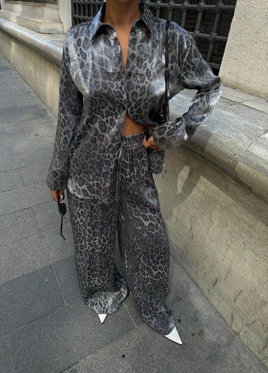 Leopard Print Coord Set Shirt with Palazzo Pants - oneinmelon